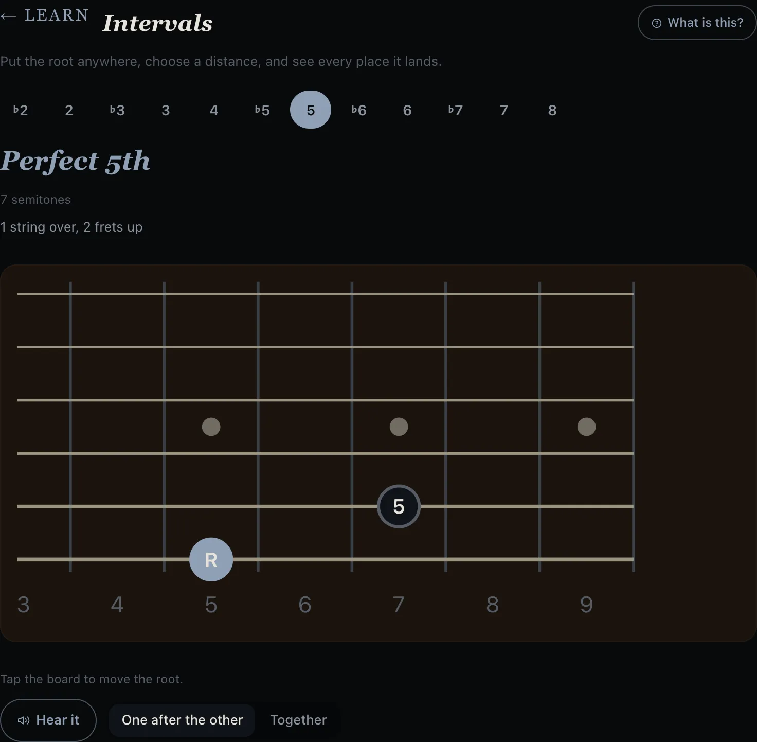 The Fretbound intervals tool, showing distances between notes as shapes on the fretboard